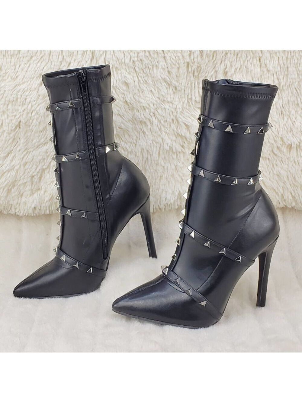 Stud Strap High Heel Pointy Toe Ankle Boots Black